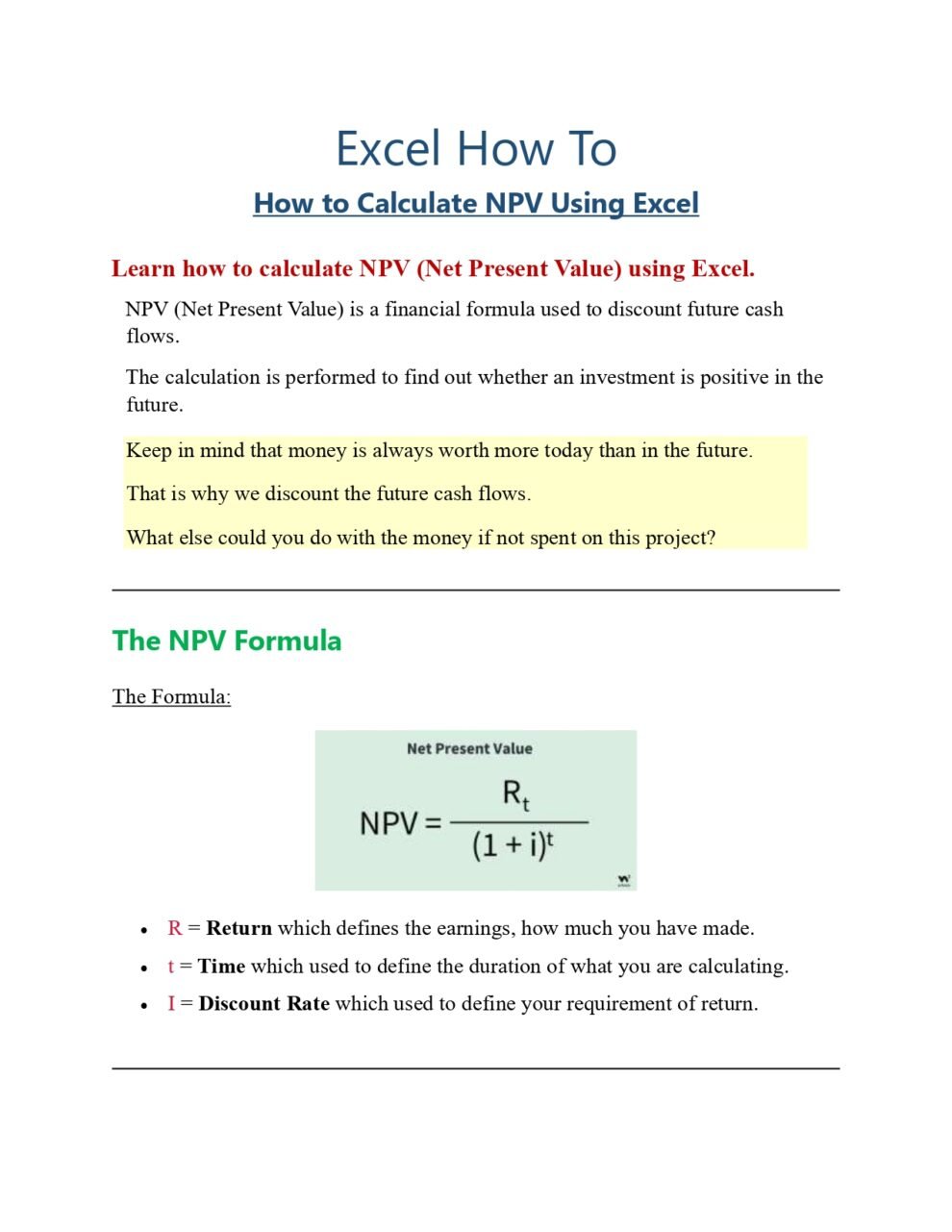 How To Calculate NPV Using Excel Pdf Guide